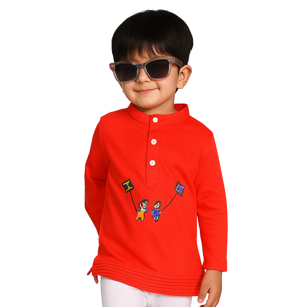 Ninos Boys Cotton Full Sleeves Festive Multidesign Party Kurta Pyjama Set- Red