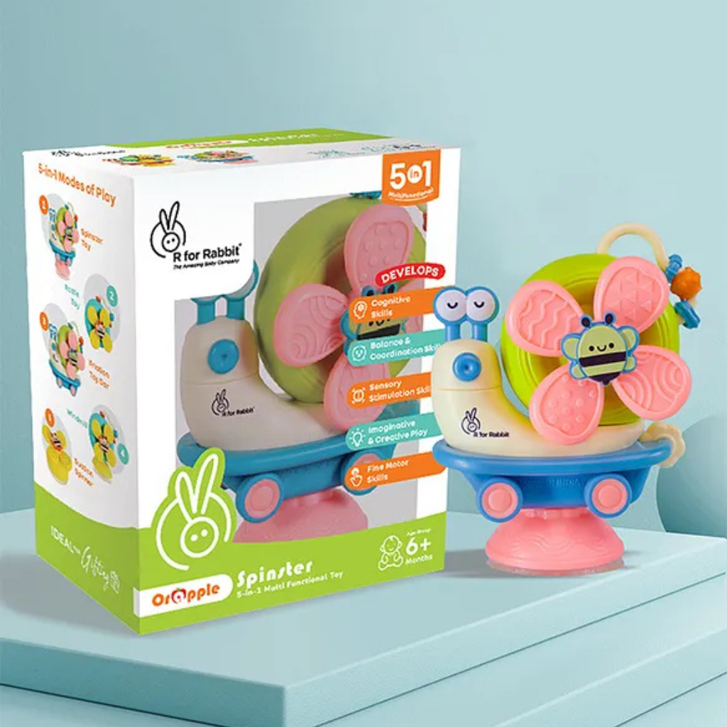 R for Rabbit- Orapple Spinster Toy for Baby 5-in-1 Suction Spinner, Rattle, Friction Car, Windmill & Sensory Play