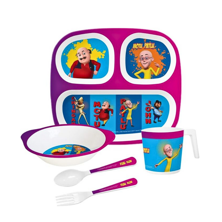 Servewell Motu Patlu Theme 3 Section Plate with Fork & Spoon Mug & Bowl- Multicolor