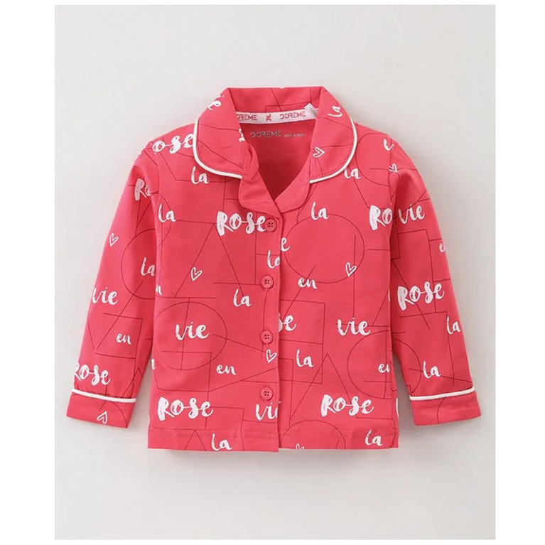 Doreme Single Jersey Knit Full Sleeves Night Suit With Shapes & Text Print