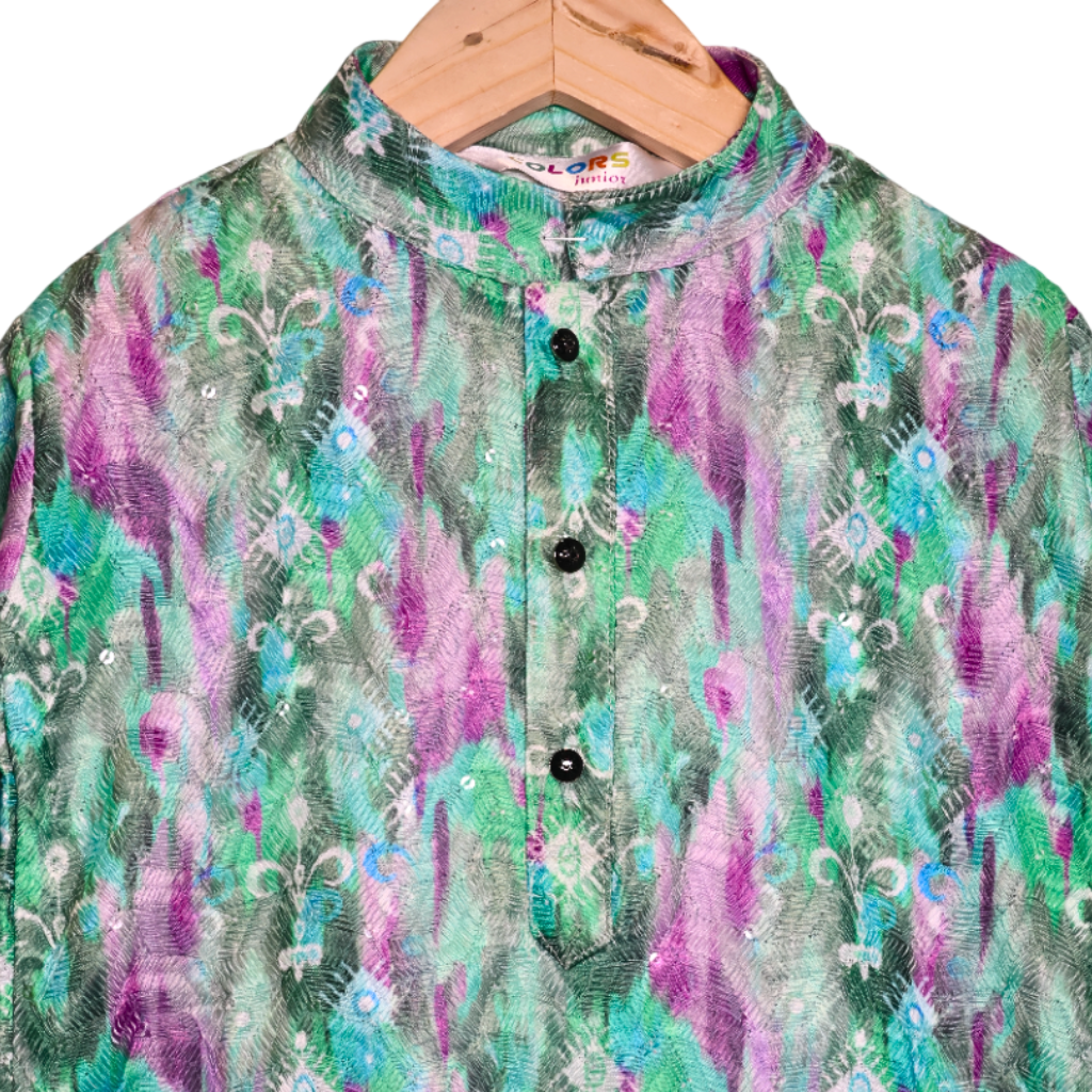 Colors Junior- Mandarin Collar Full Sleeves Kurta Pajama Set with Embroidery & Sequin Detailing