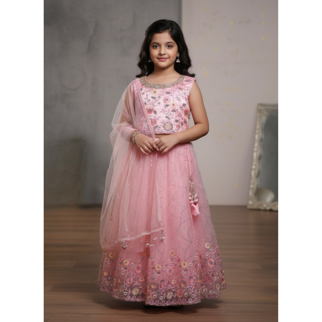 Girls Pastel Pink Lehenga Choli Set With Flower Embroidery and Dupatta