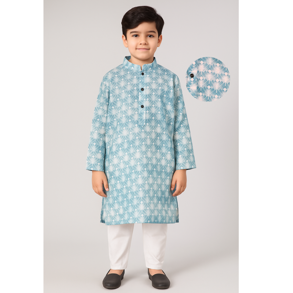 Ninos-Mandarin Collar Geometric Texture Printed Full Sleeves Regular Kurta Pajama Set