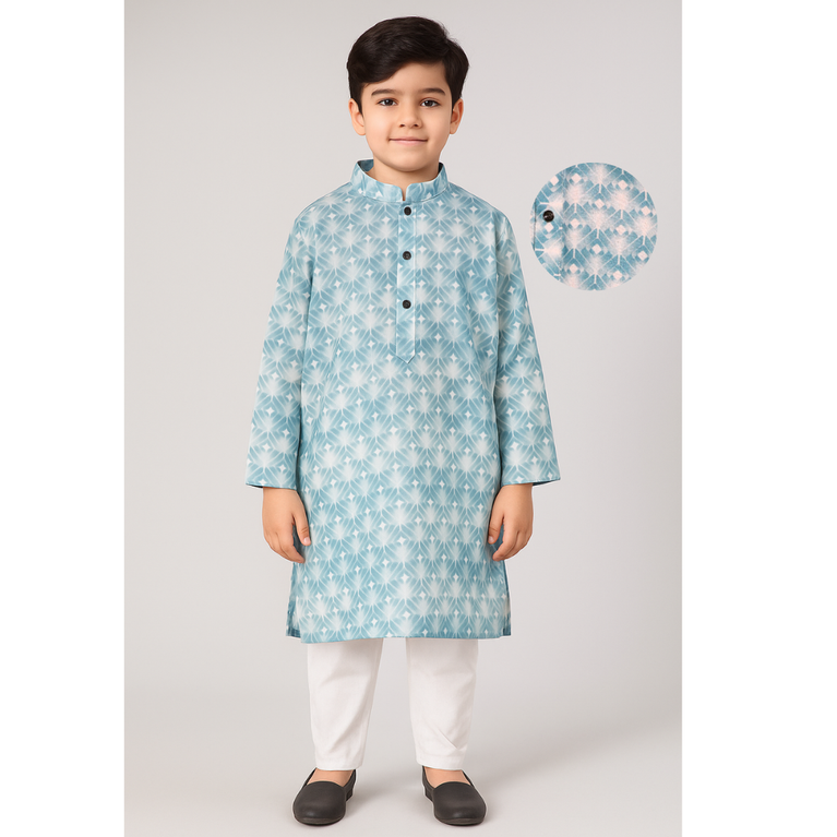 Ninos-Mandarin Collar Geometric Texture Printed Full Sleeves Regular Kurta Pajama Set