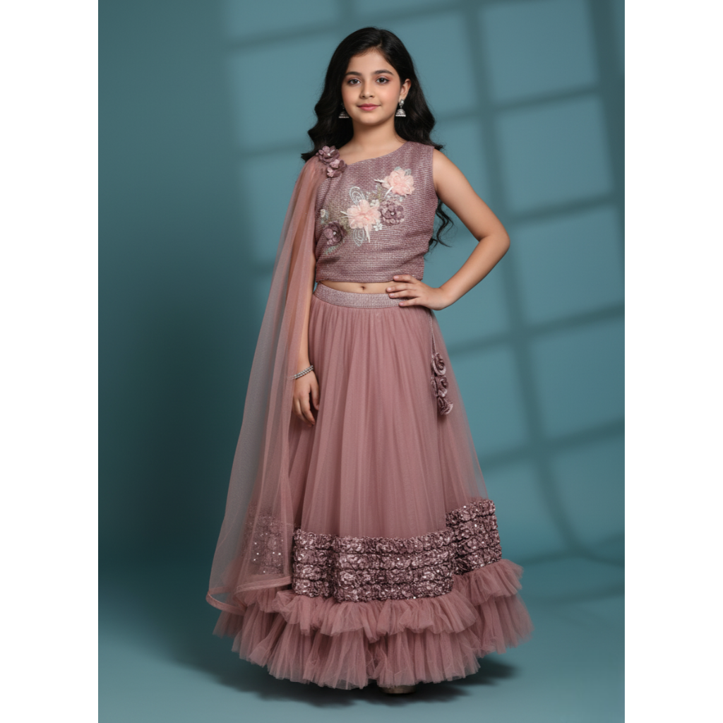 Mauve-Pink Lehenga Choli Set For Girls with Attached Dupatta & 3D Floral Work