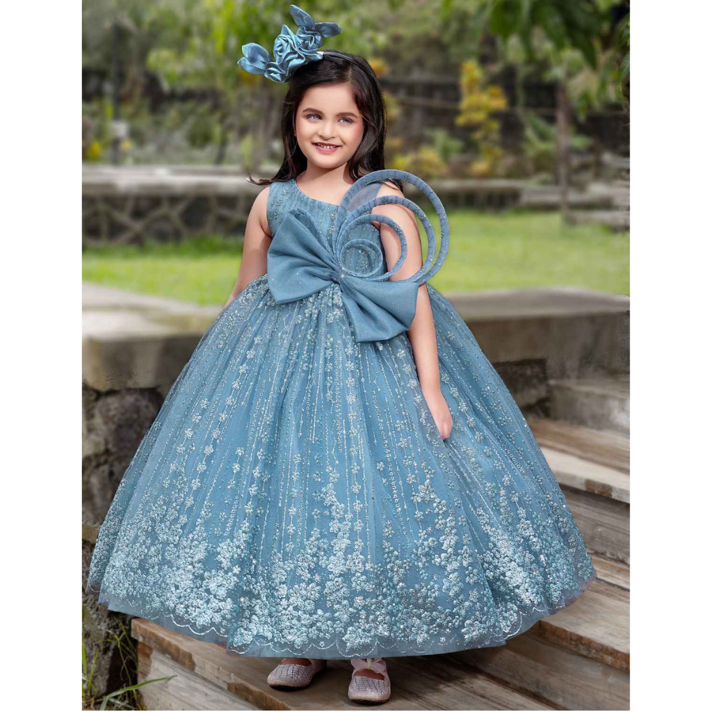 Plum-Party Wear Gown With Bow Embellished And Shimmer Printed For Girls