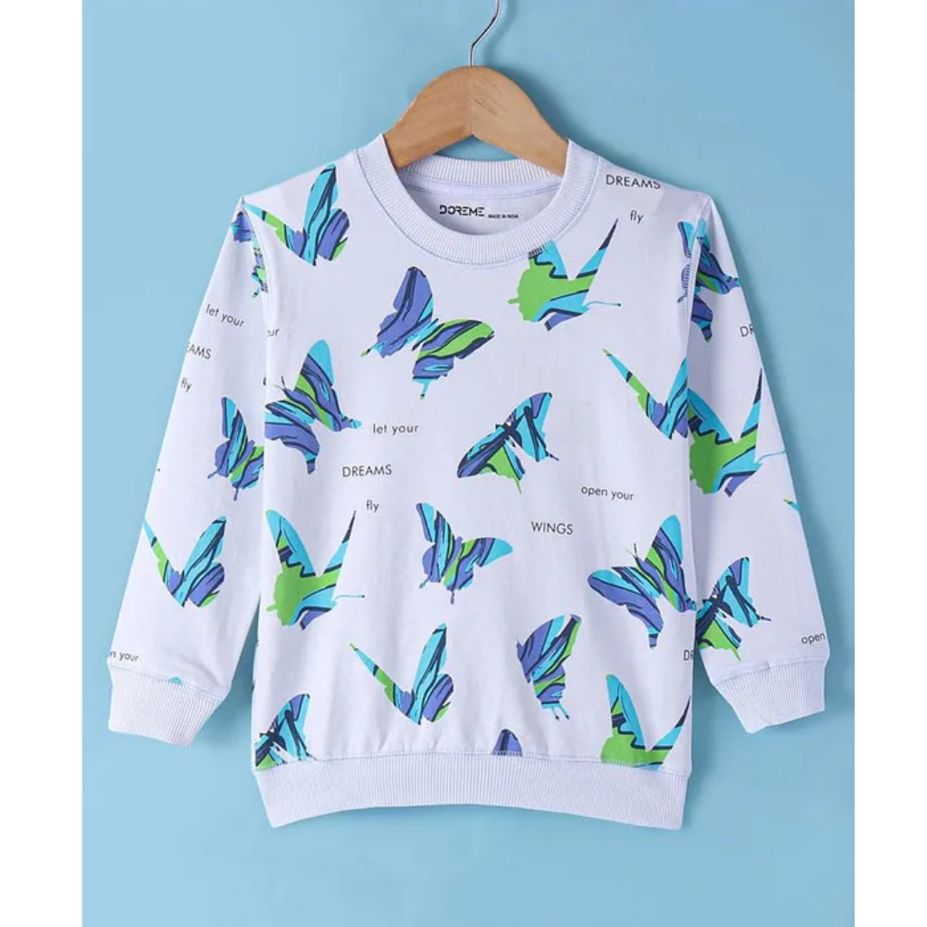 DoreMe Doreme Terry Knit Full Sleeves Sweatshirt with Text & Butterfly Print - White