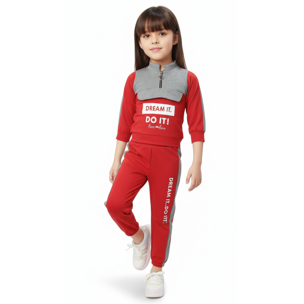 NINOS Girls Red & Gray Color Block Jogger Set with Motivational Print – Winter Activewear
