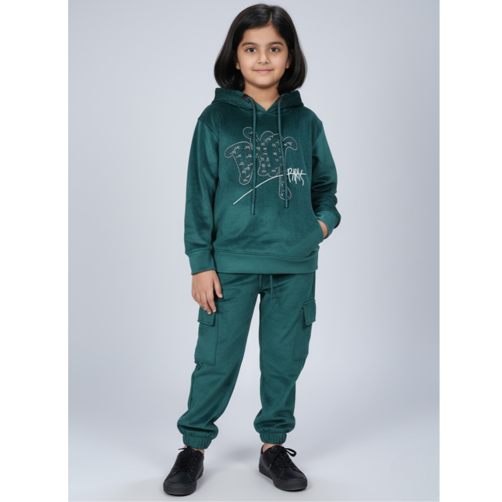 Girlyy-Velour Woven Full Sleeves Winter Wear Girls Hooded Sweatshirt & Cargo Jogger Set
