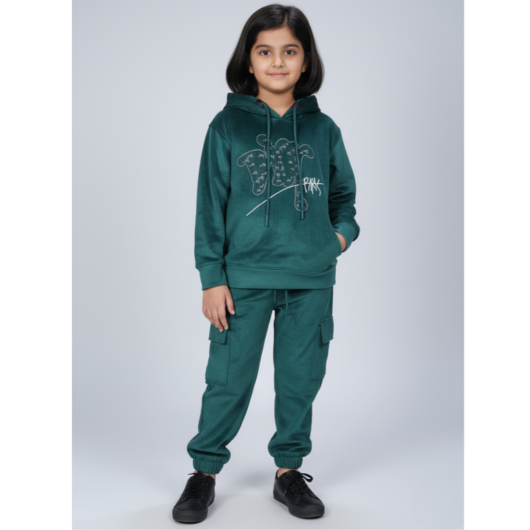 Girlyy-Velour Woven Full Sleeves Winter Wear Girls Hooded Sweatshirt & Cargo Jogger Set