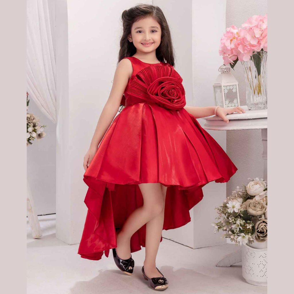 Red Embellished With Floral And Tail Back Party Frock For Girls