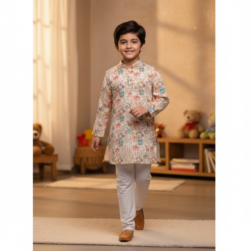 NINOS Multi-Color Printed Kurta Pajama Set – Festive & Ethnic Wear for Boys