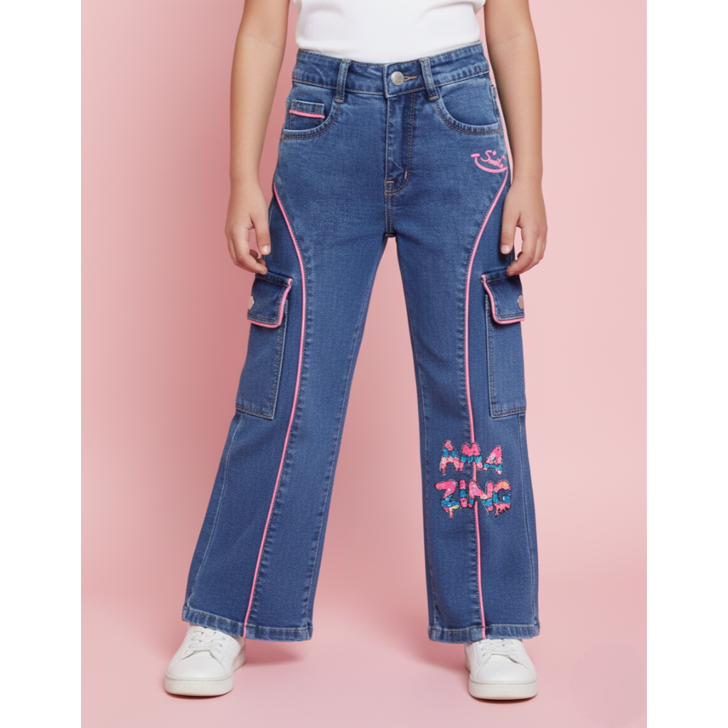 London Street-Girls’ Wide-Leg Cargo Denim Jeans with Neon Pink Piping & Sequins