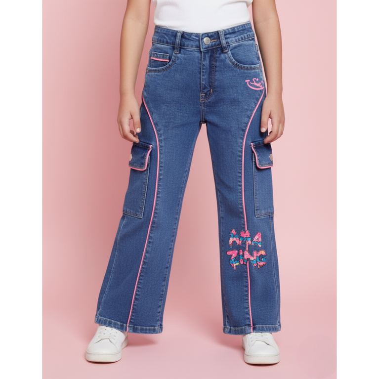 London Street-Girls’ Wide-Leg Cargo Denim Jeans with Neon Pink Piping & Sequins
