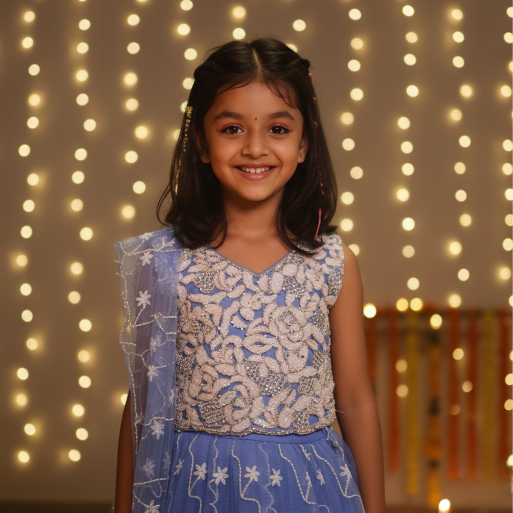 Ninos Girls Sky Blue Embroidered Lehenga Choli Set with Dupatta