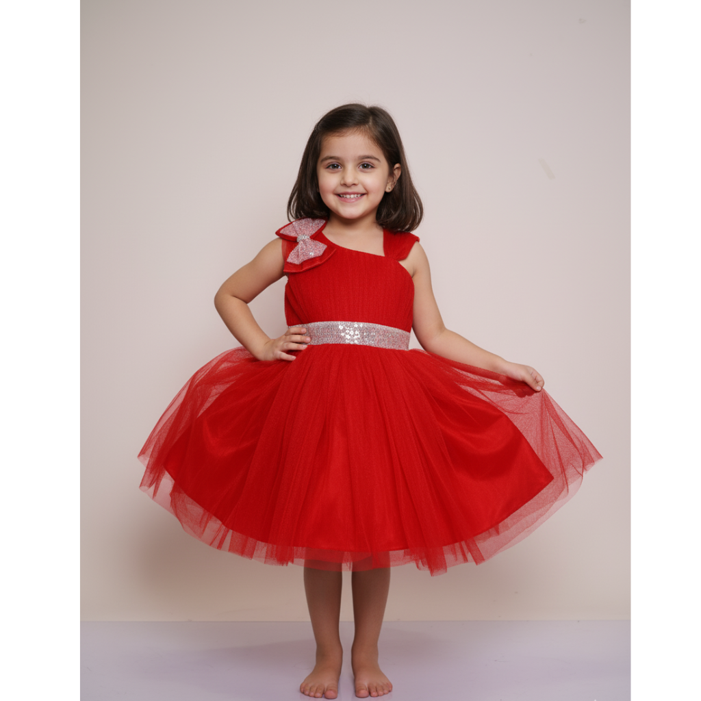 Ninos Embellished Party Wear Frock with 3D Bow Appliqué & Sequins For Girls