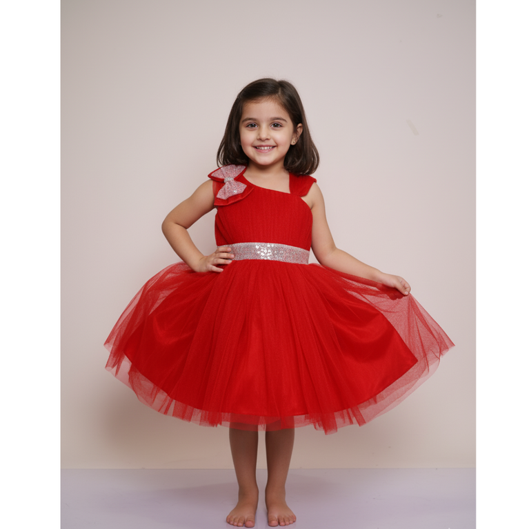 Ninos Embellished Party Wear Frock with 3D Bow Appliqué & Sequins For Girls