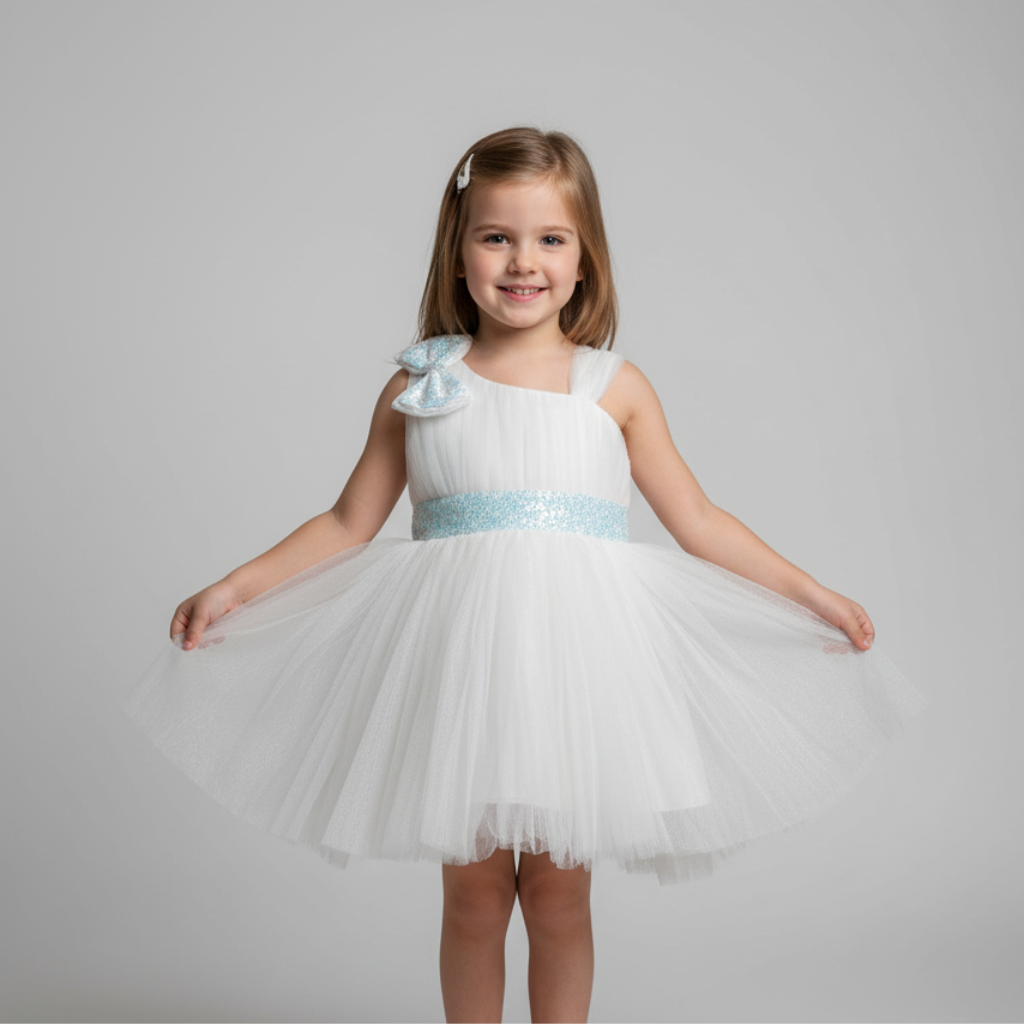 Ninos Embellished Party Wear Frock with 3D Bow Appliqué & Sequins For Girls