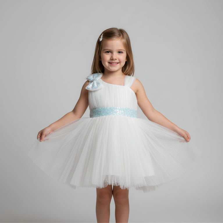 Ninos Embellished Party Wear Frock with 3D Bow Appliqué & Sequins For Girls