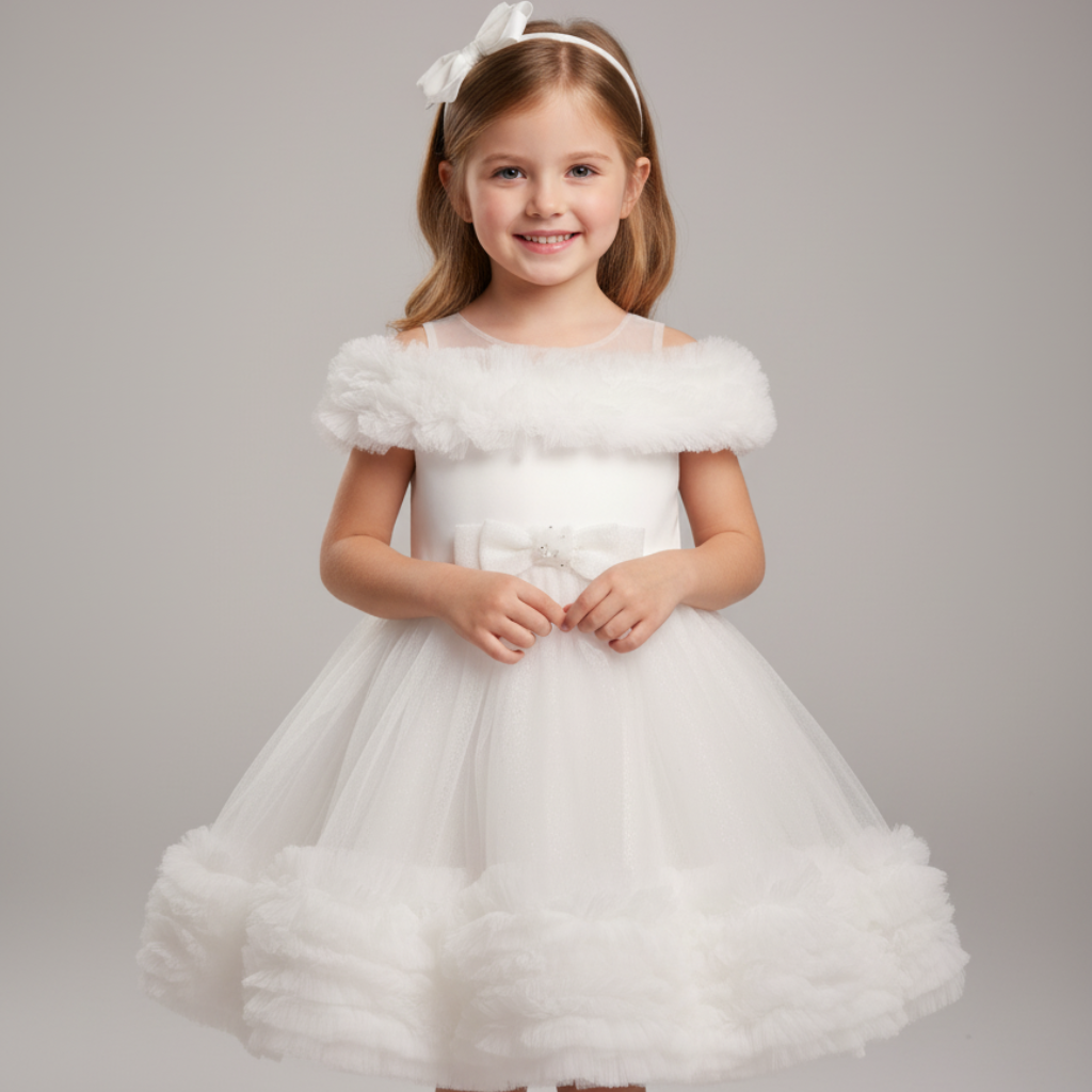 Ninos Embellished Elegant White Ruffle Princess Party Wear Frock with 3D Bow Appliqué For Girls