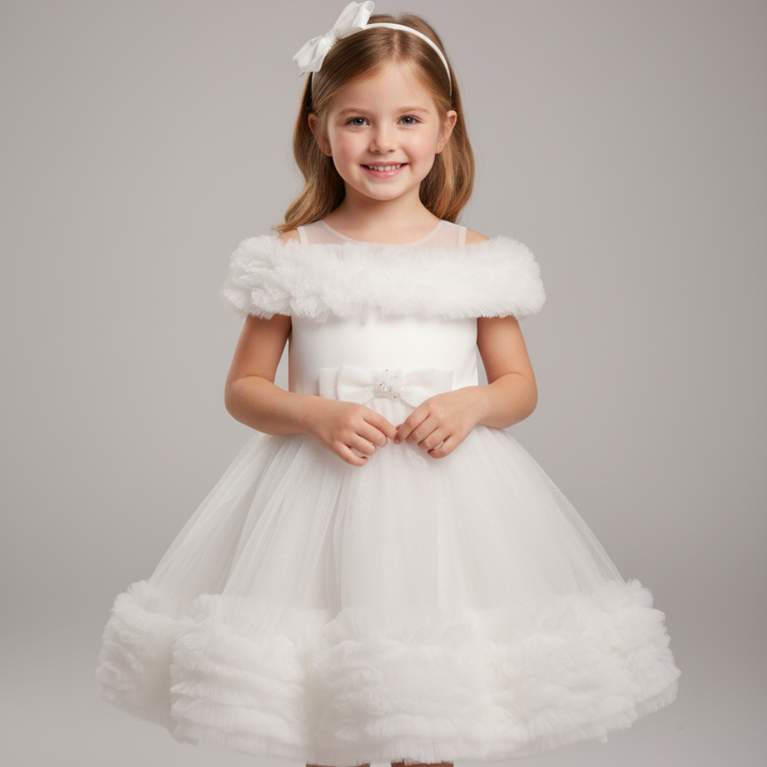 Ninos Embellished Elegant White Ruffle Princess Party Wear Frock with 3D Bow Appliqué For Girls