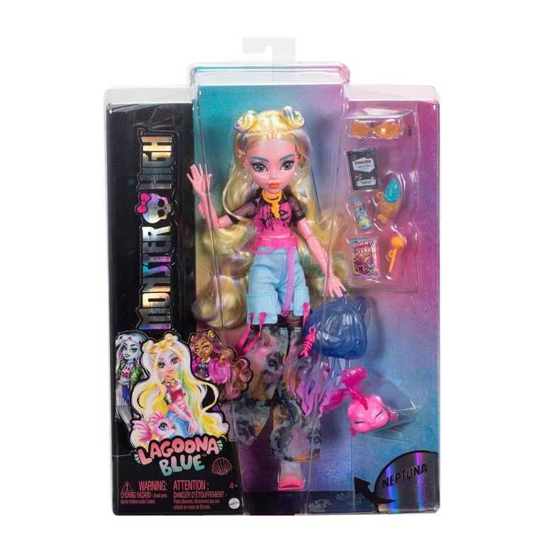 Monster High Lagoona Blue Doll in Mesh Tee and Cargo Pants, Includes Pet Fish Neptuna and Accessories Like a Backpack, Snack and Notebook