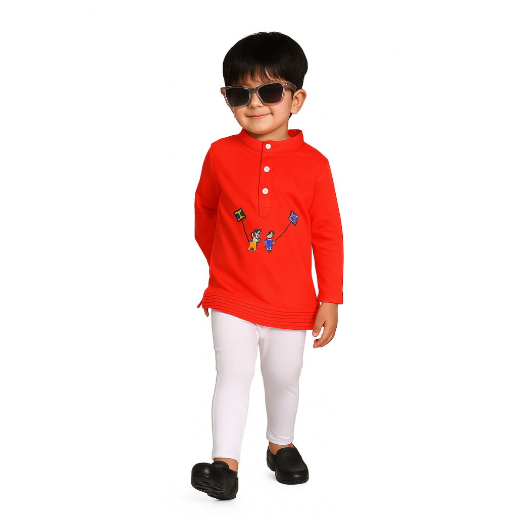Ninos Boys Cotton Full Sleeves Festive Multidesign Party Kurta Pyjama Set- Red