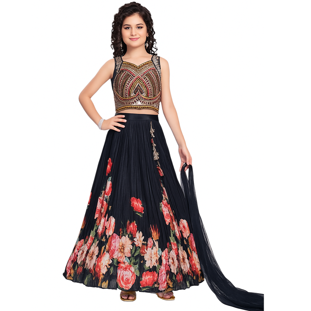 Girls Partywear Embroidered Lehenga Choli with Dupatta – Black