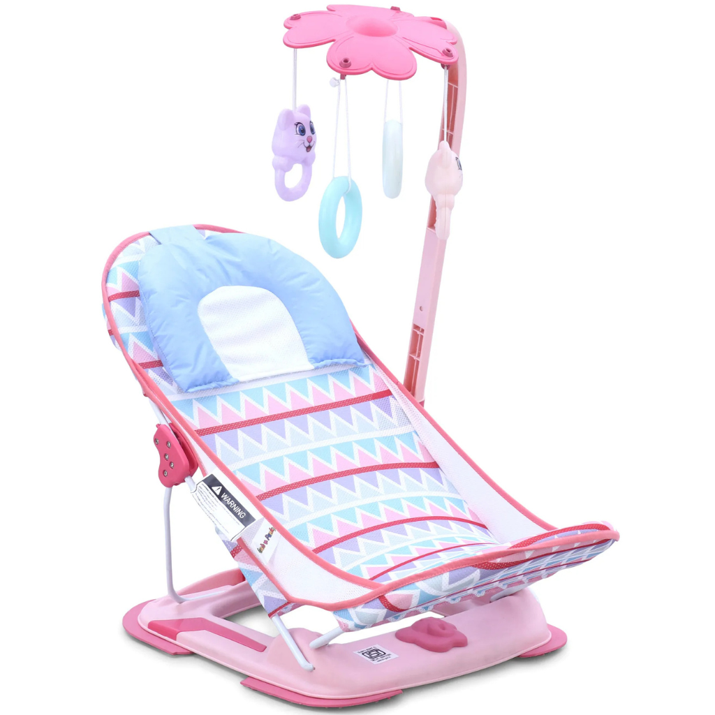 Baby Bather With Toys - Pink| Reclining Seat| Spacious| Anti Skid Base| Head Support| Compact Fold| Travel Friendly| Washable Cover| Newborn| Boys & Girls