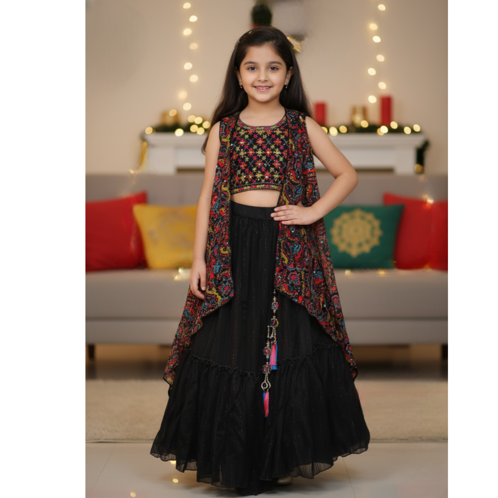 NINOS Girls Black Multi-Color Embroidered Lehenga, Crop Top & Shrug Set – Festive & Party Wear