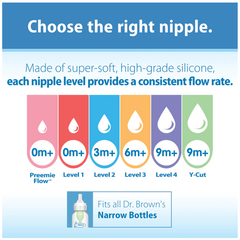 Dr. Brown's Silicone Natural Flow Level 3 Narrow Nipple (Clear) - Set of 2