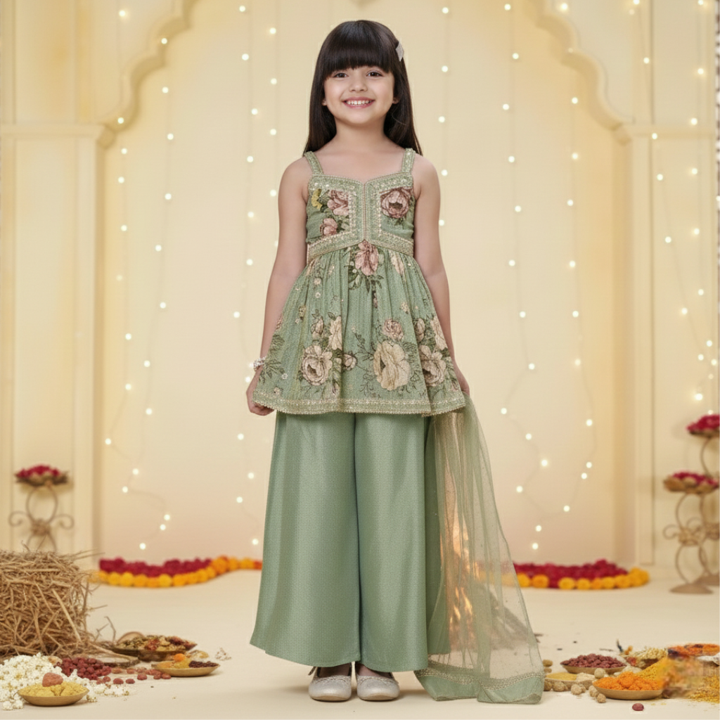 Pastel Green Embroidered Peplum Top with Palazzo & Dupatta