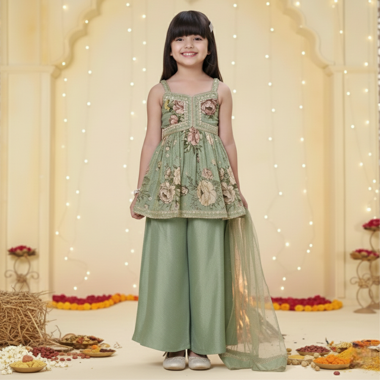 Pastel Green Embroidered Peplum Top with Palazzo & Dupatta