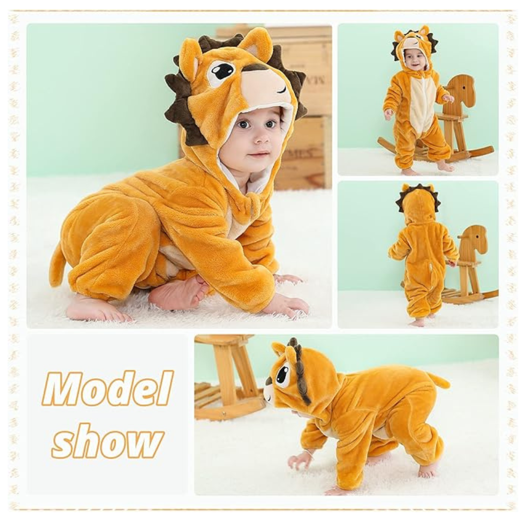 Michley- Unisex Baby Winter Hooded Romper Flannel Lion Style Stitch Animal Long Sleeves Zip Cosplay Dress