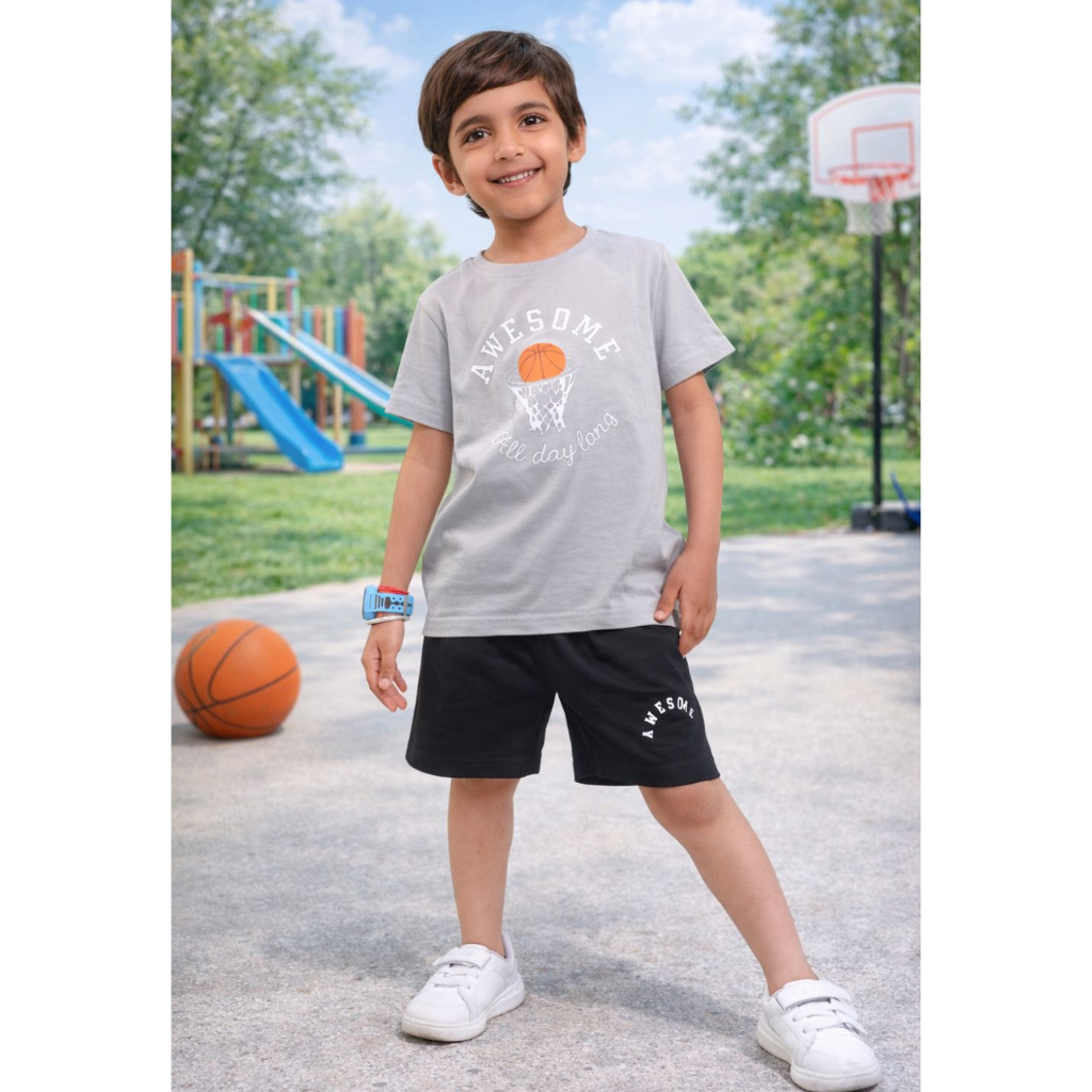 Ninos 100% Cotton Knit Half Sleeves "Awesome" Printed Coordinating Tee & Shorts Set for Boys
