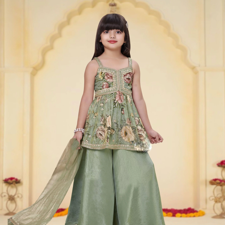Pastel Green Embroidered Peplum Top with Palazzo & Dupatta