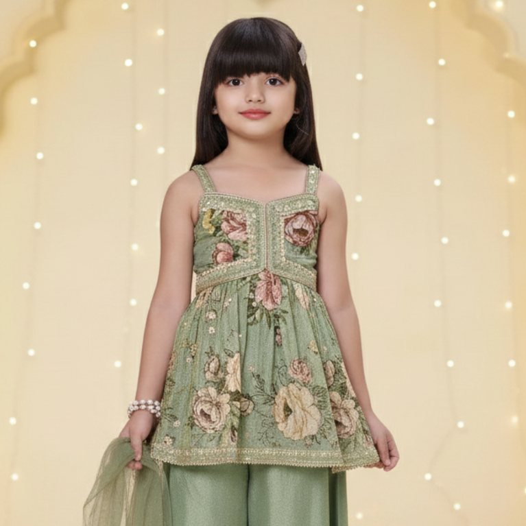 Pastel Green Embroidered Peplum Top with Palazzo & Dupatta