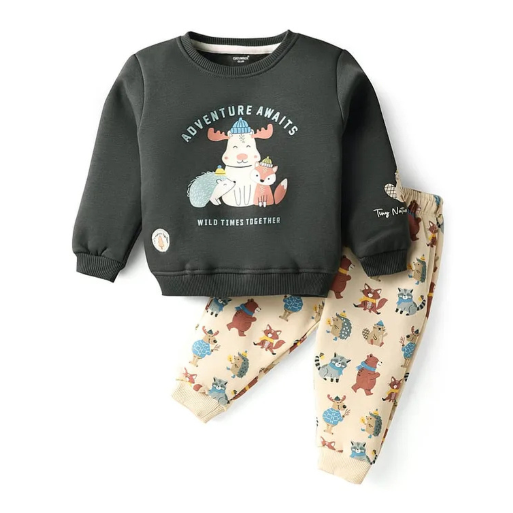 CUCUMBER- Fleece Knit Full Sleeves Winter Wear Night Suit With Animal Print