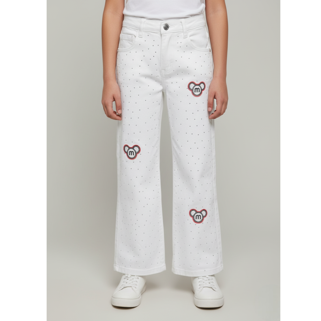 London Street Trendy White Polka Dot Woven Full Length washed Denim Jeans - White