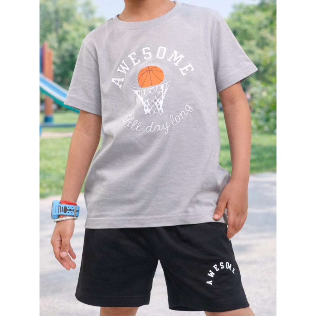 Ninos 100% Cotton Knit Half Sleeves "Awesome" Printed Coordinating Tee & Shorts Set for Boys