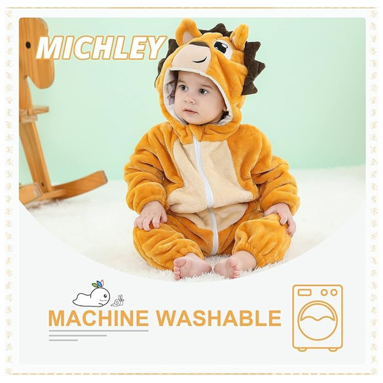 Michley- Unisex Baby Winter Hooded Romper Flannel Lion Style Stitch Animal Long Sleeves Zip Cosplay Dress