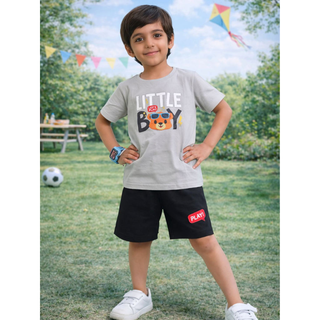 Ninos 100% Cotton Knit Half Sleeves Let's Play Boy Printed Coordinating Tee & Shorts Set