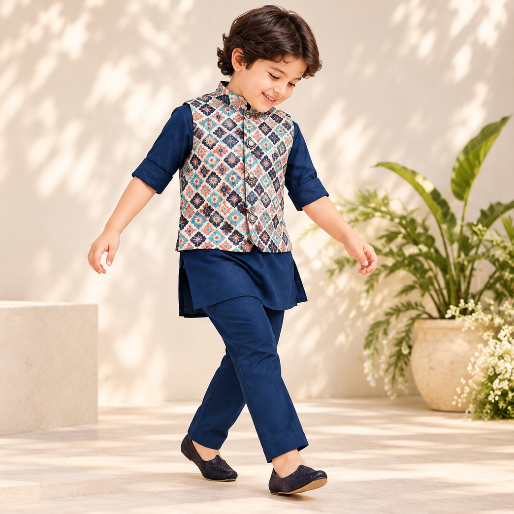 Aagam Full Sleeves Solid Kurta Pyjama Set with Printed Jacket - Navy Blue