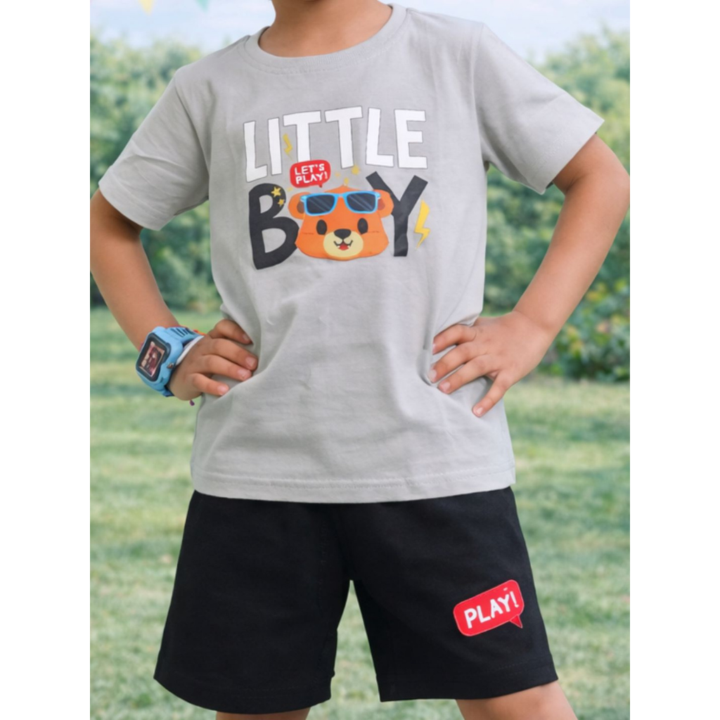 Ninos 100% Cotton Knit Half Sleeves Let's Play Boy Printed Coordinating Tee & Shorts Set