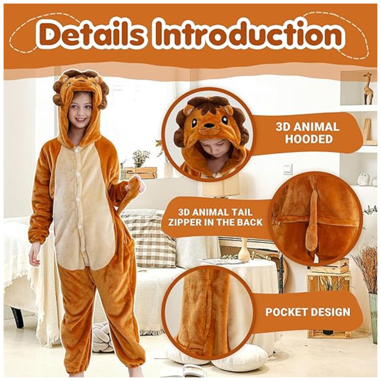 Michley- Unisex Baby Winter Hooded Romper Flannel Lion Style Stitch Animal Long Sleeves Zip Cosplay Dress