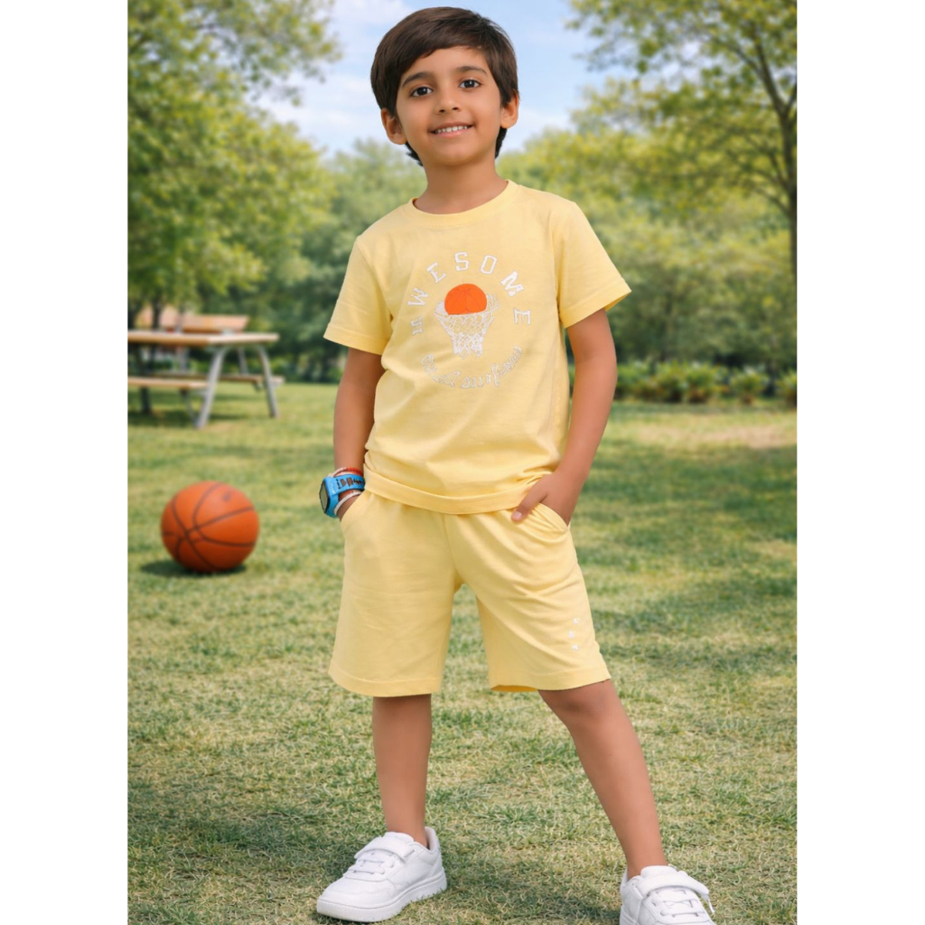 Ninos 100% Cotton Knit Half Sleeves "Awesome" Printed Coordinating Tee & Shorts Set for Boys