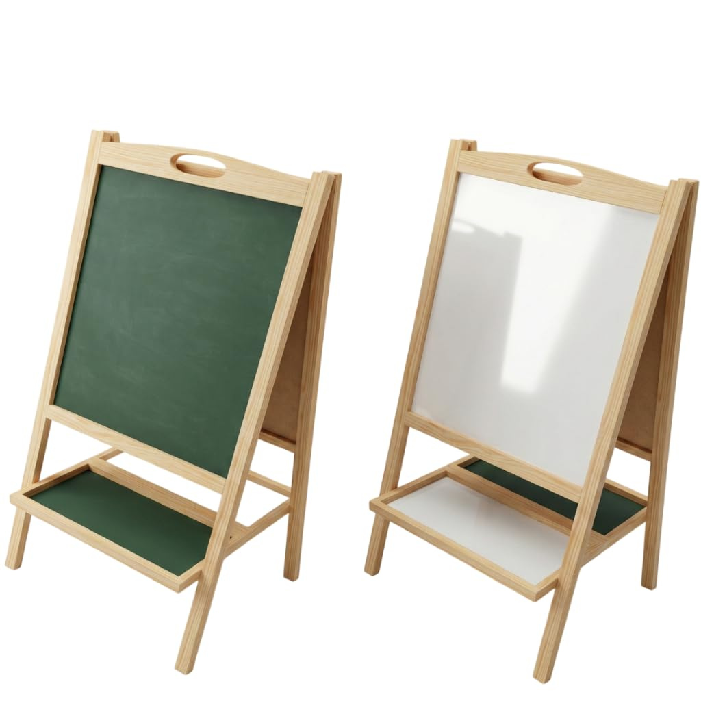Kids 2-in-1 Wooden Double Sided Board Chalkboard & Whiteboard Learning Easel with Storage Tray
