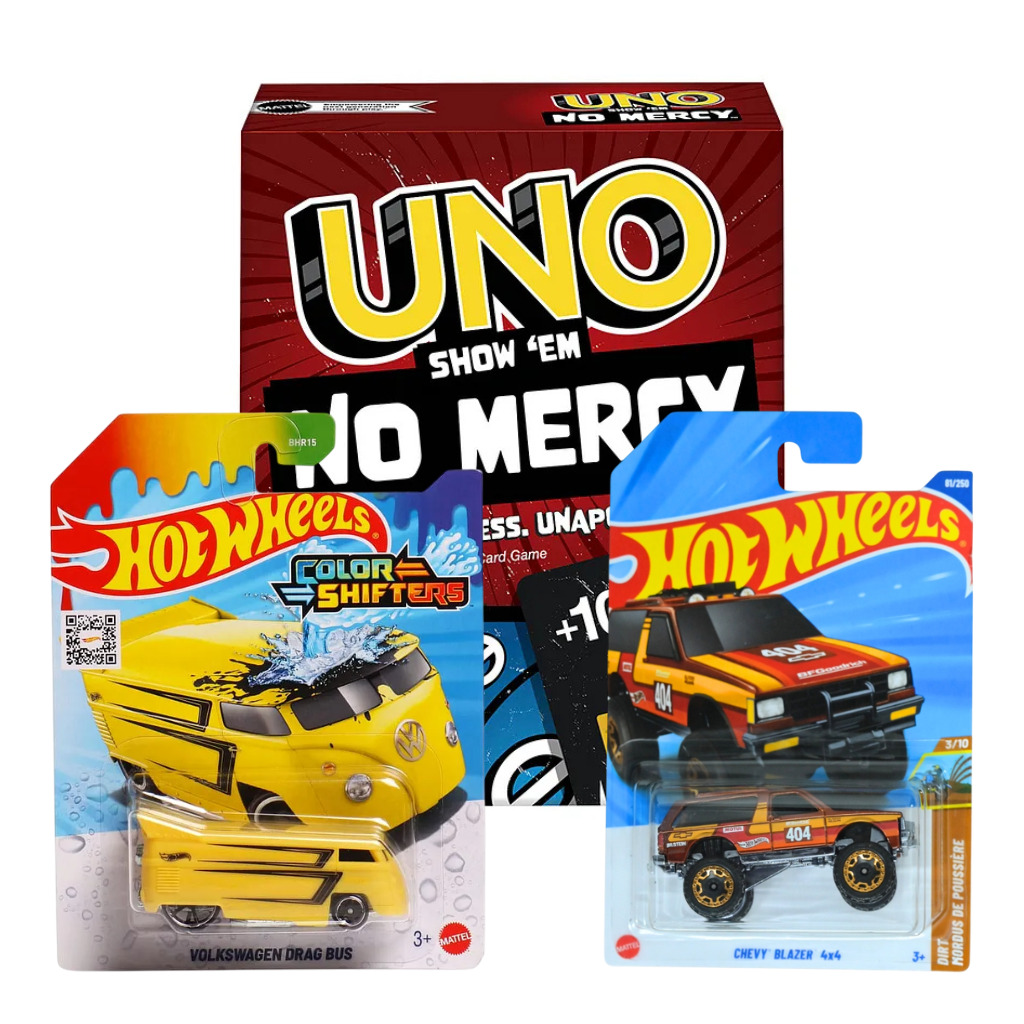 Hot Wheels- Volkswagen Drag Bus (Color Shifters), Hot Wheels Chevy Blazer 4x4, UNO No Mercy Card Game