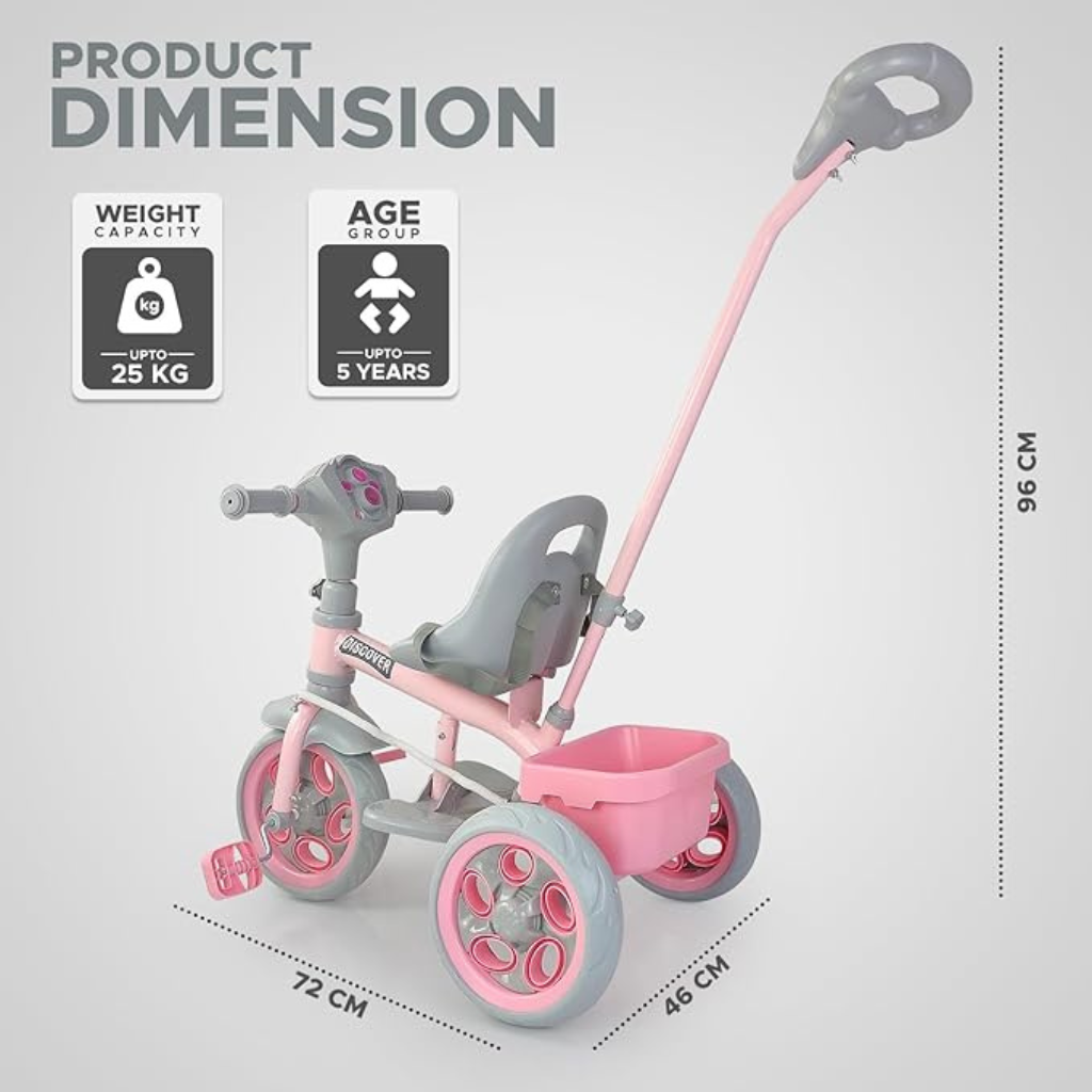 Dash Discover Kids Tricycle Storage Basket Music Light Safety Belt Adjustable Height With Parental Handle