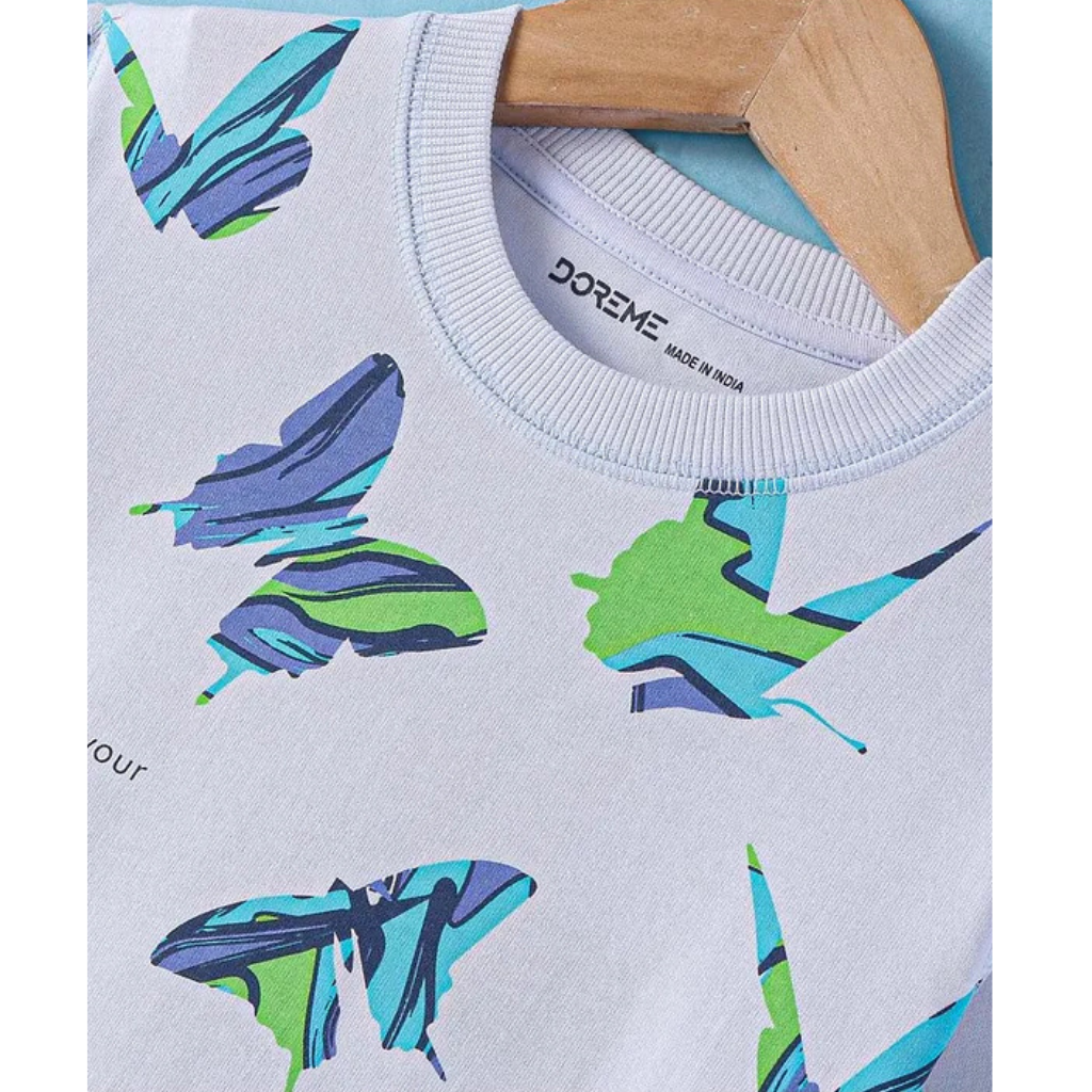 DoreMe Doreme Terry Knit Full Sleeves Sweatshirt with Text & Butterfly Print - White